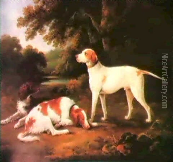 A Pointer And Two Spaniels In A Park Oil Painting - Charles Henry Schwanfelder