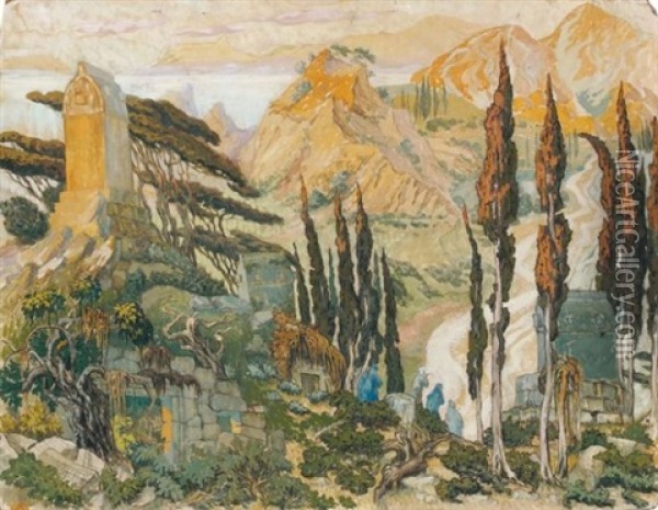 Ruines Dans Un Paysage Mediterraneen Oil Painting - Leon Bakst