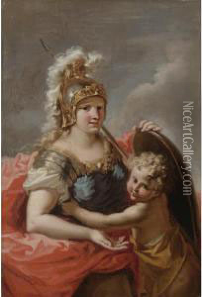 Minerva With A Putto Oil Painting - Giovanni Antonio Pellegrini