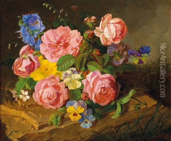 A Forest Floor Still Life With Roses Oil Painting - Antal Jozsef Strohmayer