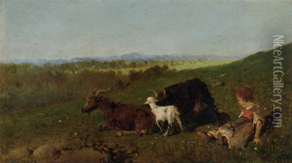 Young Shepherdess In A Meadow Oil Painting - Baldomero Galofre Gimenez