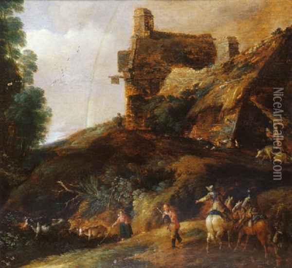 Arrivee De Cavaliers Aux Abords D'une Ferme Oil Painting - Gillis (Egidius I) Peeters