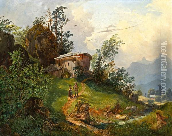 Gebirgslandschaft Mit Wanderern Oil Painting - Joseph Holzer