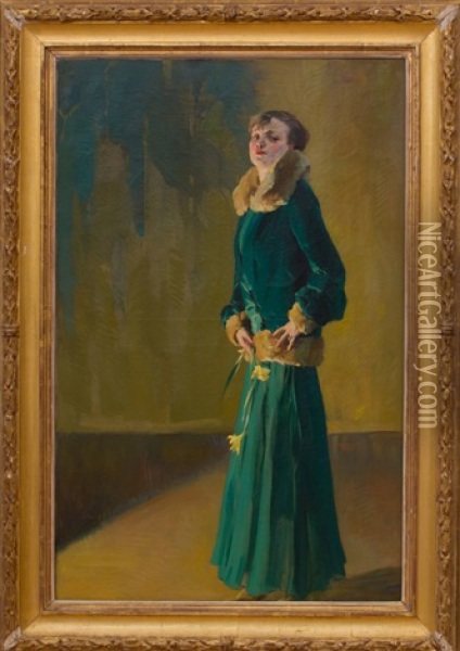 Femme En Vert Oil Painting - Virgilio Constantini