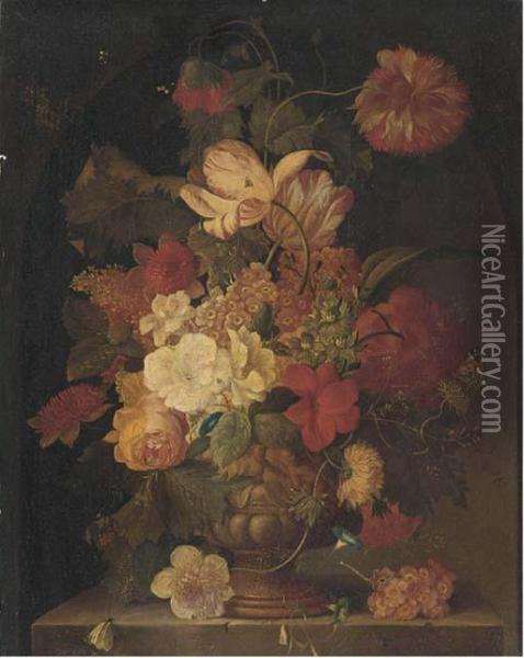 Flowers In Vase On A Stone Ledge Oil Painting - Jan Van Huysum