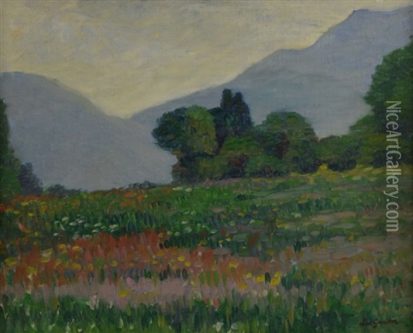 Landscape With A Flower Meadow And Mountains Beyond Oil Painting - Leo Gausson