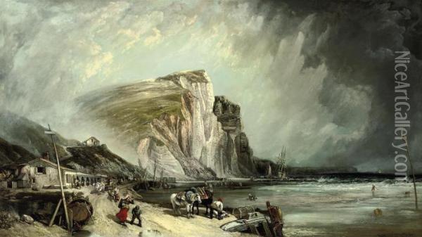 A Blustery Day On The Foreshore At Hastings With Fishermen Sortingtheir Catch Oil Painting - William Clarkson Stanfield