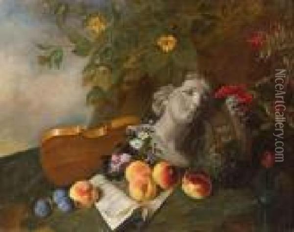 Nature Morte Aux Peches, Raisins, Prunes, Violon Et Buste Dans Unevegetation Luxuriante. Oil Painting - Nicolas Henry Jeaurat De Bertry