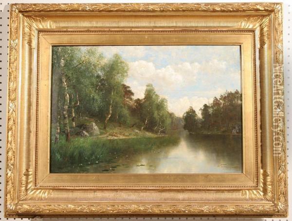 View Of A Forestlake Oil Painting - Fedor Karlovich Burkhardt