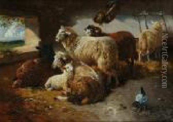 Sheep In A Barn Interior Oil Painting - Henry Schouten