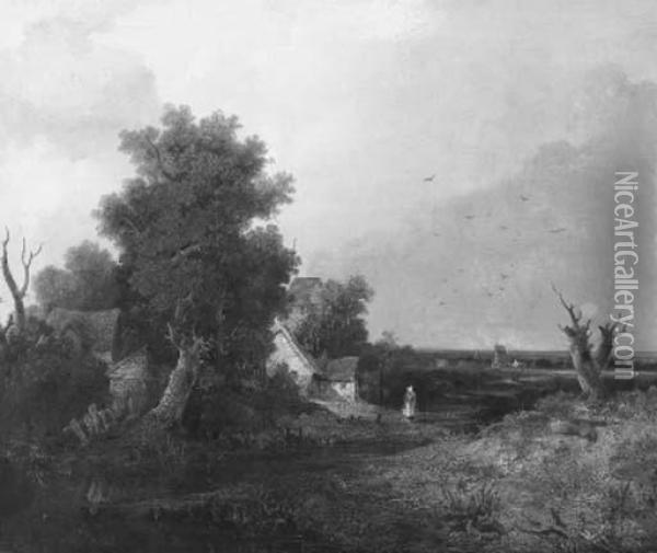 An Extensive Summer Landscape With A Peasant Woman Near Acottage Oil Painting - Joseph Paul