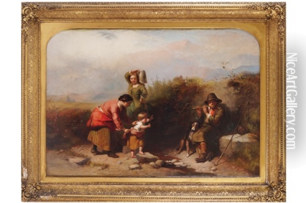 Children With A Shepherd Playing The Flute Oil Painting - Edward John Cobbett