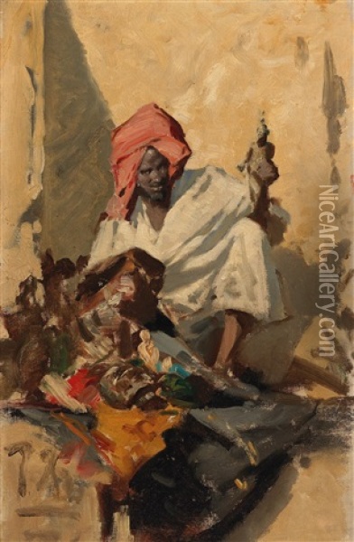 Egyptian Street Hawker. Study Oil Painting - Carl Leopold Mueller