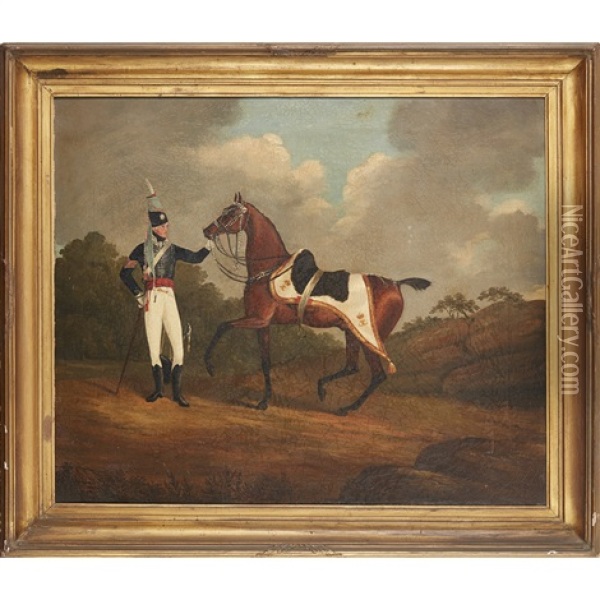 An Officer Of The 18th Hussars With His Horse Oil Painting - Edwin Cooper