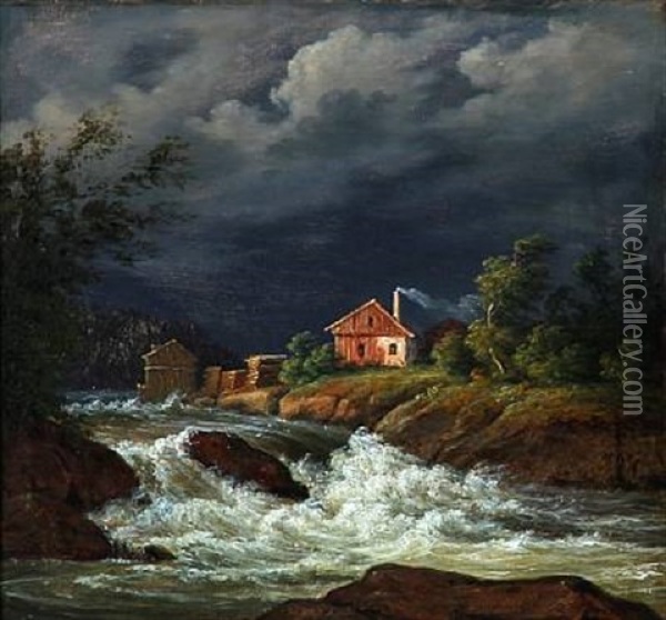 A Norwegian Sawmill Oil Painting - Frederik Christian Jacobsen Kiaerskou