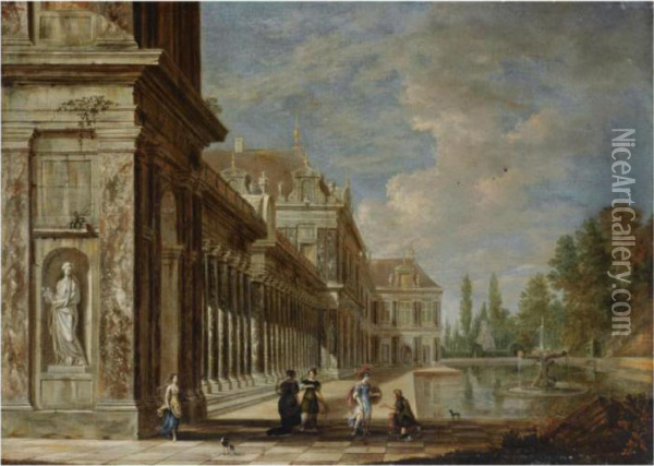 A Palace Capriccio Beside A Fountain With A Soldier And Elegantfigures In The Foreground Oil Painting - Jacobus Saeys