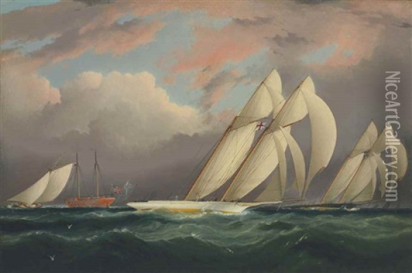 Racing Off Sandy Hook Oil Painting - James Edward Buttersworth