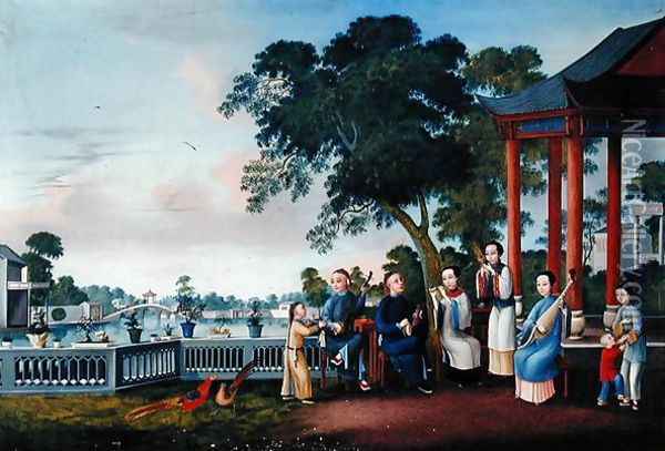 A Music Party on a Lakeside Terrace, c.1790 Oil Painting - Anonymous Artist