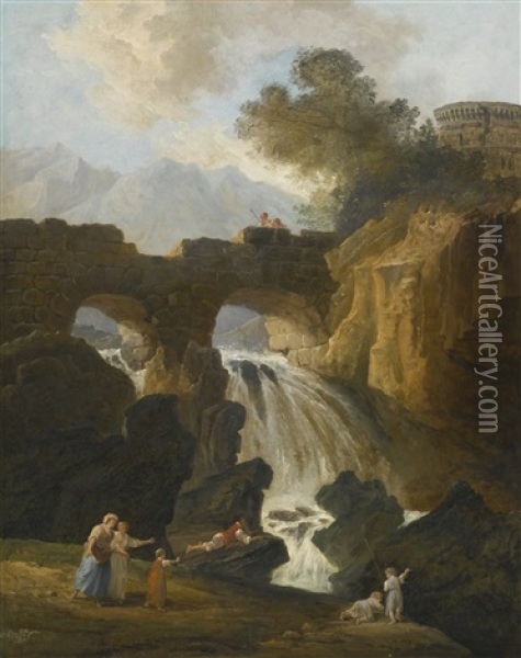 View Of The Ponte Lucano, Near Tivoli, And The Tomb Of The Plautii Oil Painting - Hubert Robert