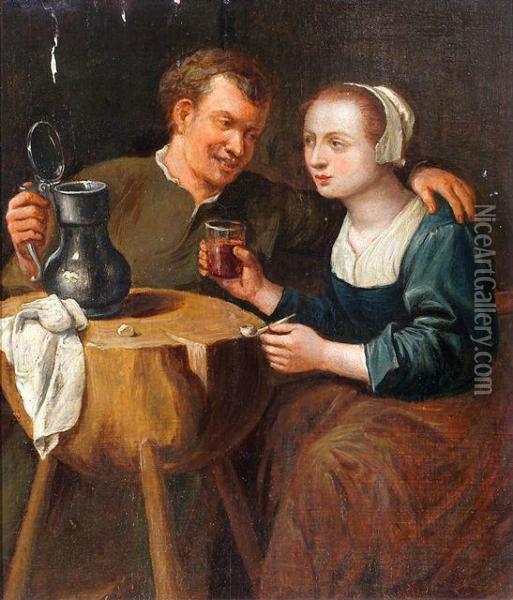 Trinkendes Paar, Vor Einem Holzklotz Sitzend Oil Painting - Egbert Jaspersz. van, the Elder Heemskerck