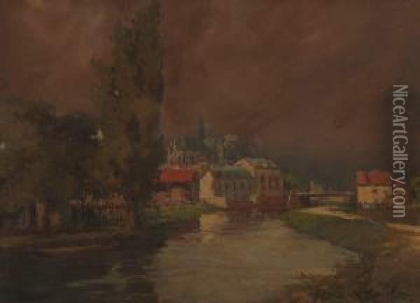 Village Along A Stream Oil Painting - Joannes, Joanny Drevet