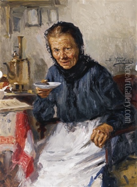 Old Lady Drinking Tea Oil Painting - Vladimir Egorovich Makovsky