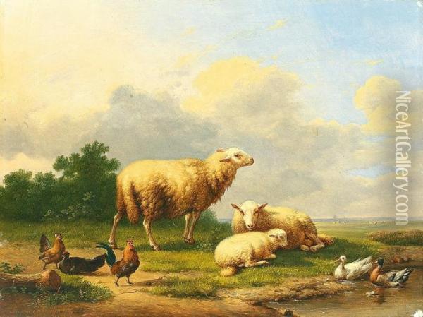 Ruhende Schafe Zwischen Enten Und Huhnern Auf Leichter Anhohe Mit Buschwerk Oil Painting - Eugene Joseph Verboeckhoven