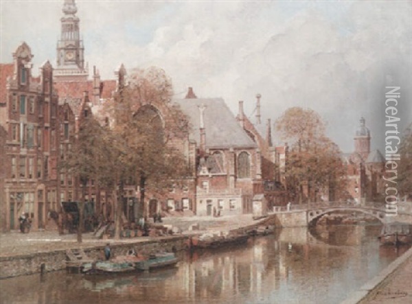 The Oude Zijds Achterburgwal, The Oude Kerk And St. Nicolaaskerk, Amsterdam Oil Painting - Johannes Christiaan Karel Klinkenberg