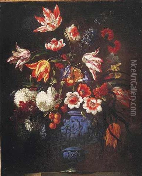 Par De Bodegones De Flores En Vasos Esculpidos Sobre Repisas De Piedra.. Oil Painting - Mario Nuzzi Mario Dei Fiori