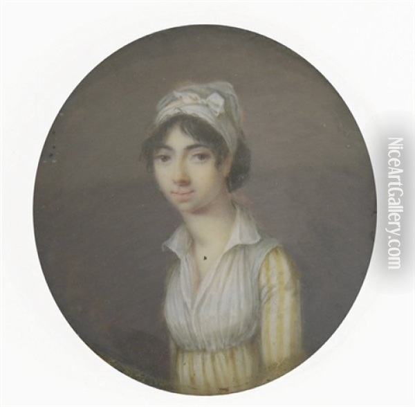 Portrait De Jeune Femme En Robe Rayee Jaune Et Blanc, Sa Gorge Recouverte D'un Fichu Oil Painting - Jean Baptiste Sambat