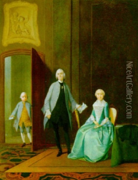 A Portrait Of A Family In An Elegant Interior Oil Painting - Tiebout Regters