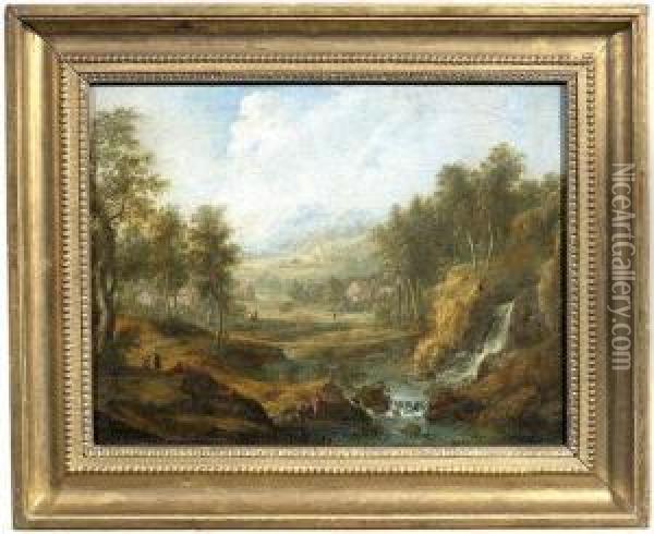 Waldlandschaft Mit Einem Wasserfall, Figurenstaffage Und Einem Dorf Im Hintergrund Oil Painting - Christoph Von Bemmel
