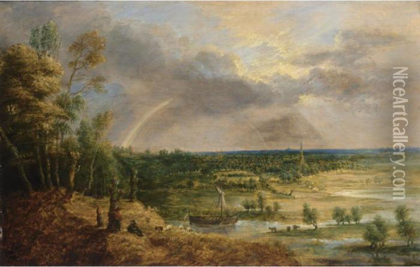 A Panoramic River Landscape With
 A Rainbow, Together With A Sailing Boat And Shepherds Resting With 
Their Herd In The Foreground Oil Painting - Lucas Van Uden