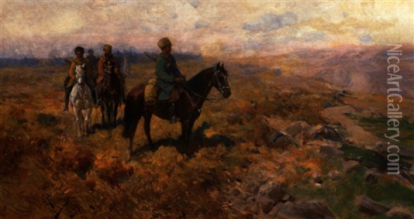 Bewaffnete Kaukasische Reiter Auf Patrouille Oil Painting - Franz Roubaud