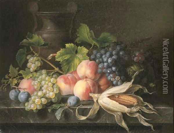 Peaches, grapes on the vine, plums, a melon and corn on the cob on a marble ledge with an urn Oil Painting - Cornelis van Spaendonck