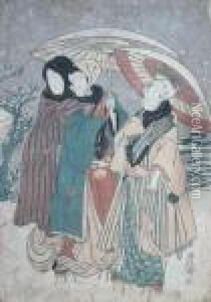 Figures In The Snow Oil Painting - Toyokuni