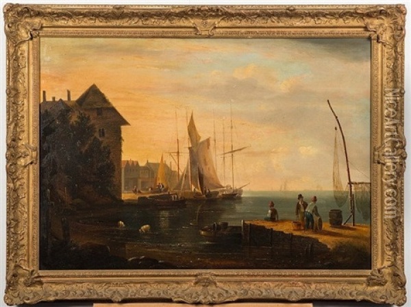 A Coastal Harbour Scene, Fishermen On A Quay, Small Sail Trading Craft Alongside Harbour Wall Oil Painting - Nicholas Condy