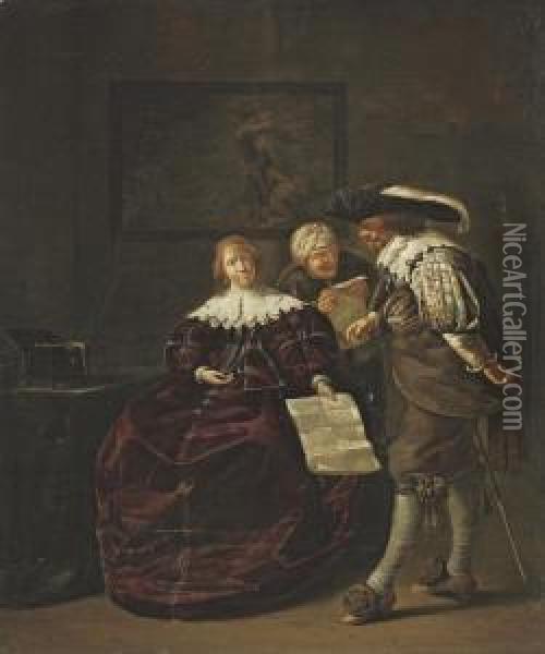 A Lady Presenting A Letter To A Gentleman Oil Painting - Jacob Duck