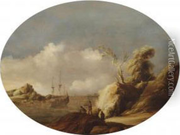 A Coastal Landscape With A Three-master At Anchor, Figuresconversing In The Foreground And A Town Beyond Oil Painting - Gillis Egidius I Peeters