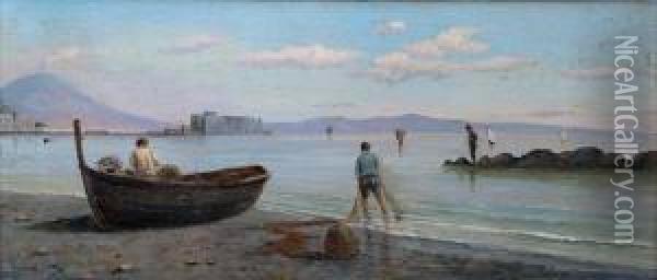 Veduta Di Ischia Dalla Spiaggia Con Pescatori Alle Reti Oil Painting - Vincenzo Loria
