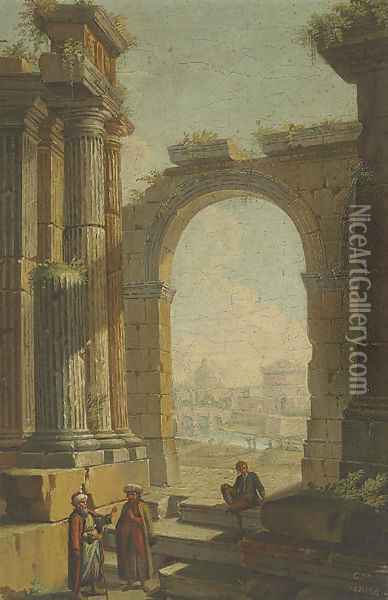 Figures in oriental costume standing in classical ruins Oil Painting - Giovacchino Assereto Genoa