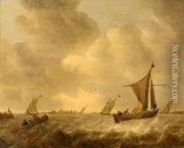 Figures In A Rowing Boat In Choppy Waters With Dutch Pinks In An Estuary Beyond Oil Painting - Abraham Hendrickz Van Beyeren