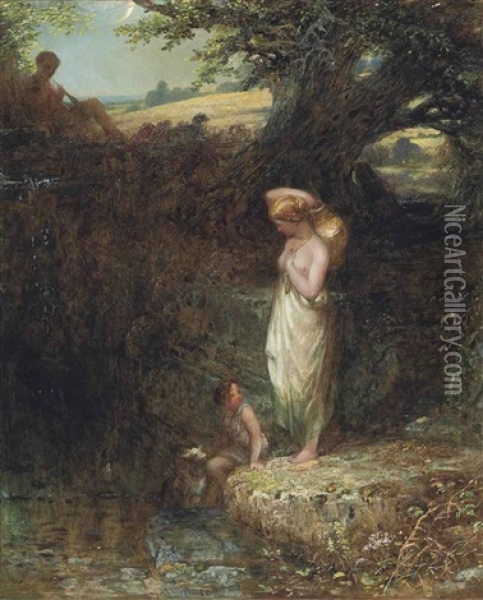 The Terrace, Haddon Hall; And At The Well (pair) Oil Painting - Alfred Joseph Woolmer