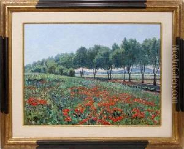 Landscape With Poppy Fields Oil Painting - Heinrich Strieffler