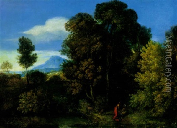 An Extensive Wooded Landscape With Figures By A Pond And A Mountain Beyond Oil Painting - Gaspard Dughet