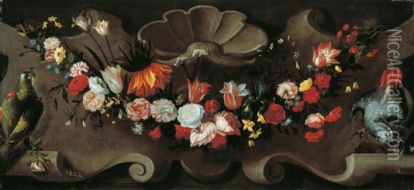 Guirnalda De Flores Con Dos Loros Oil Painting - Antonio Ponce