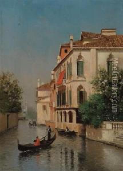 Gondolas On A Venetian Canal Oil Painting - Warren W. Sheppard