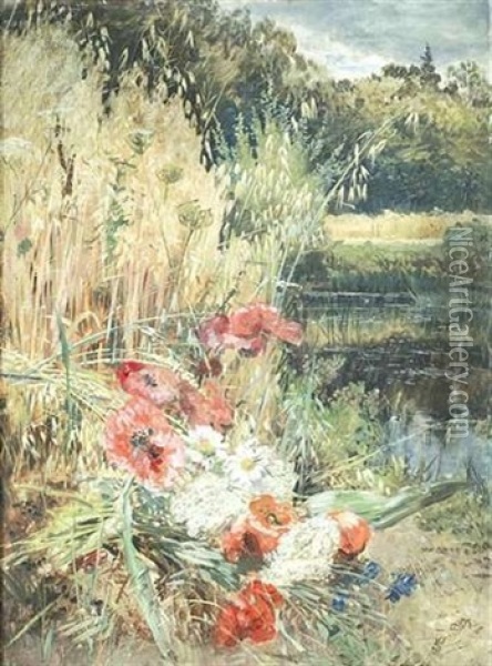 Arrangement Von Feldblumen Vor Sommerlichem Landschaftshintergrund Oil Painting - Anna Peters