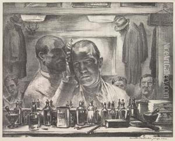 Two Lithographs
Untitled (self-portrait In Barber Shop) Oil Painting - George Kenneth Hartwell