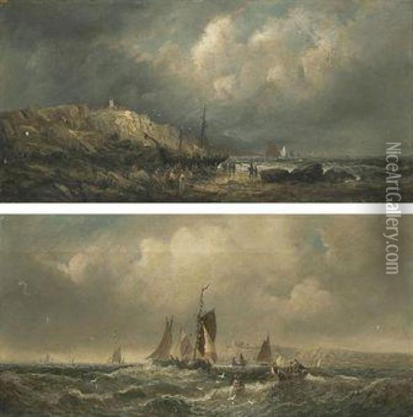 A Stiff Breeze Off The North 
East Coast; And Figures Salvaging A Beached Wreck At Low Tide Oil Painting - William A. Thornley Or Thornber